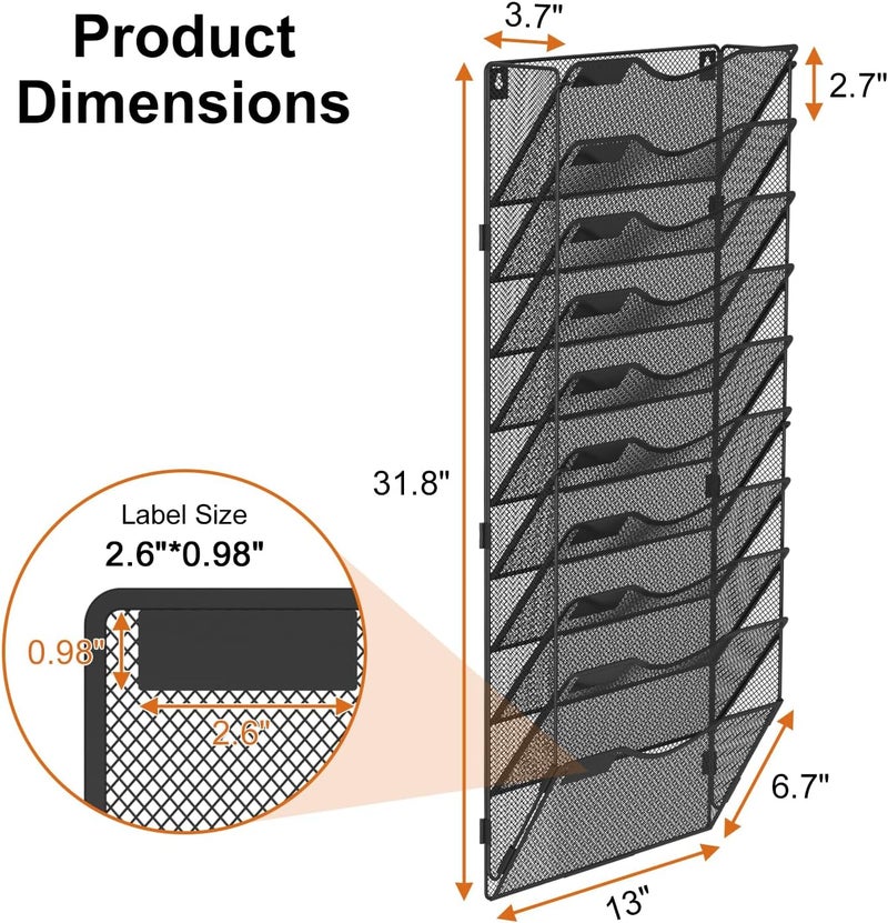BOHDK 10 Pocket Mesh Hanging Wall File Organizer, Wall Mounted Mail Paper Document Folder Holder, Foldable File Folder Organizer with Label Panel | 2 Hooks | Office Home School Organizer, Black - Image 3